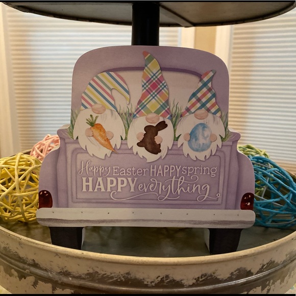 Easter Gnomes In A Purple Vintage Farmhouse Truck Happy Easter Wood Sign - Picture 5 of 15